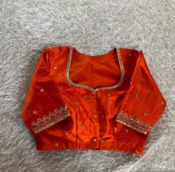 pure silk hand embroidery blouse/orange saree maggam blouse/raw silk zardosi blouse/hand embroidered blouse/ready made blouse/orange blouse