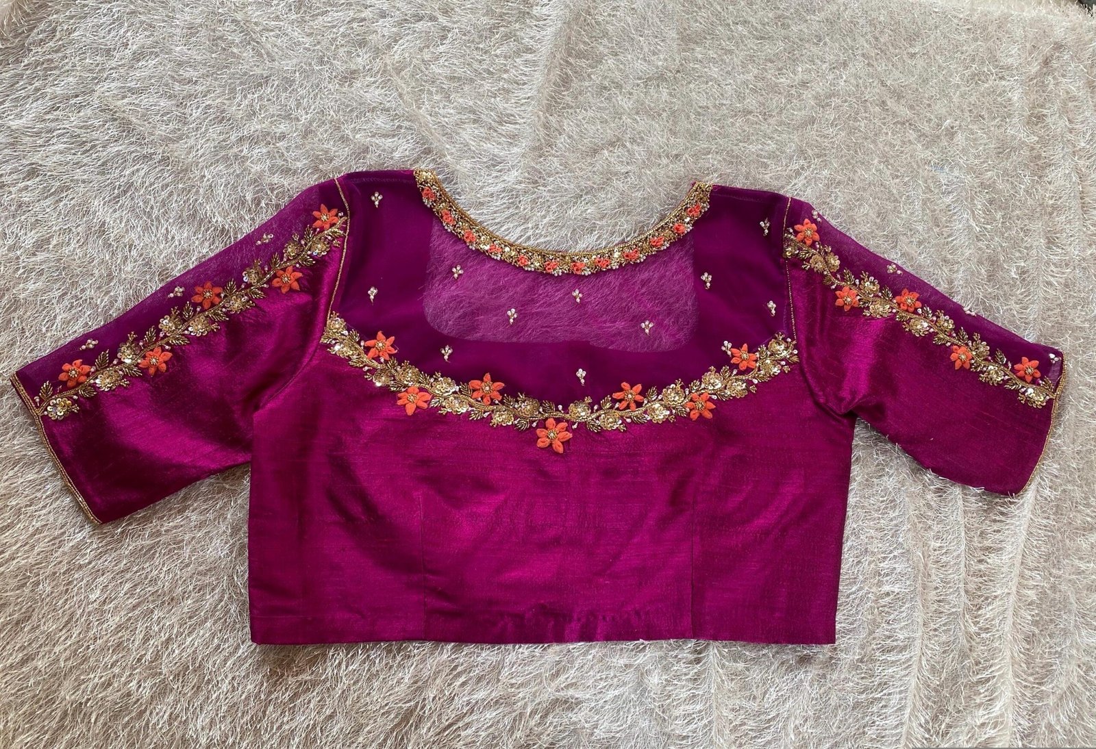 pure silk hand embroidery blouse/magenta pink maggam blouse/purple zardosi blouse/wedding hand embroidered blouse/bridal ready made blouse