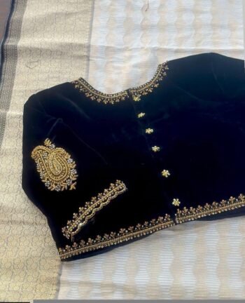 pure velvet hand embroidery blouse/v neck maggam blouse/black zardosi blouse/velvet hand embroidered blouse/black velvet ready made blouse