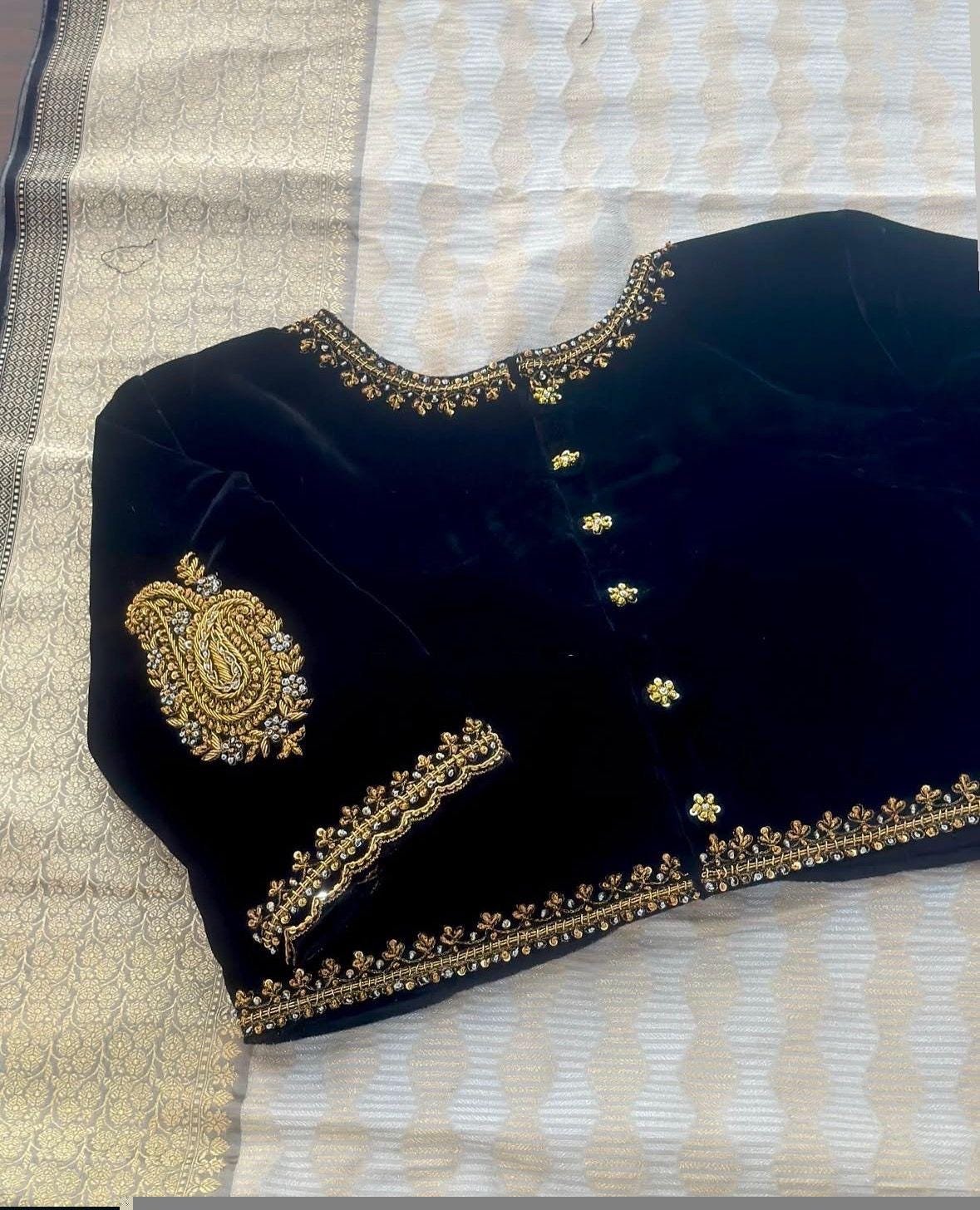 pure velvet hand embroidery blouse/v neck maggam blouse/black zardosi blouse/velvet hand embroidered blouse/black velvet ready made blouse