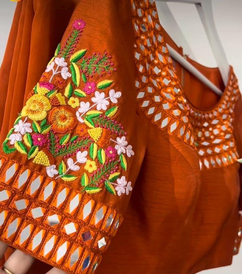 Orange Floral Organza Silk Saree: Embroidered Blouse, USA
