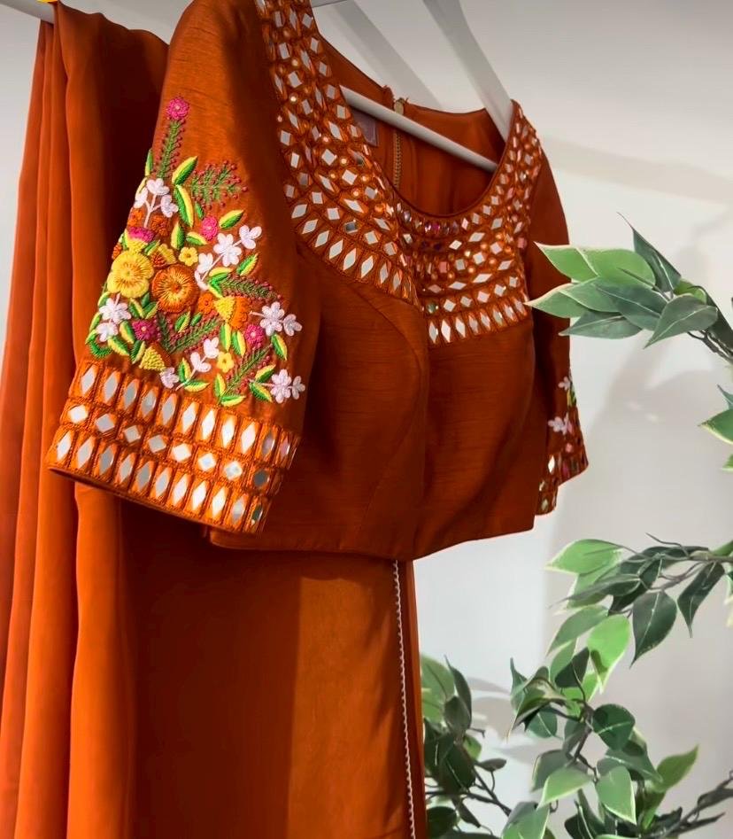 Orange Floral Organza Silk Saree: Embroidered Blouse, USA