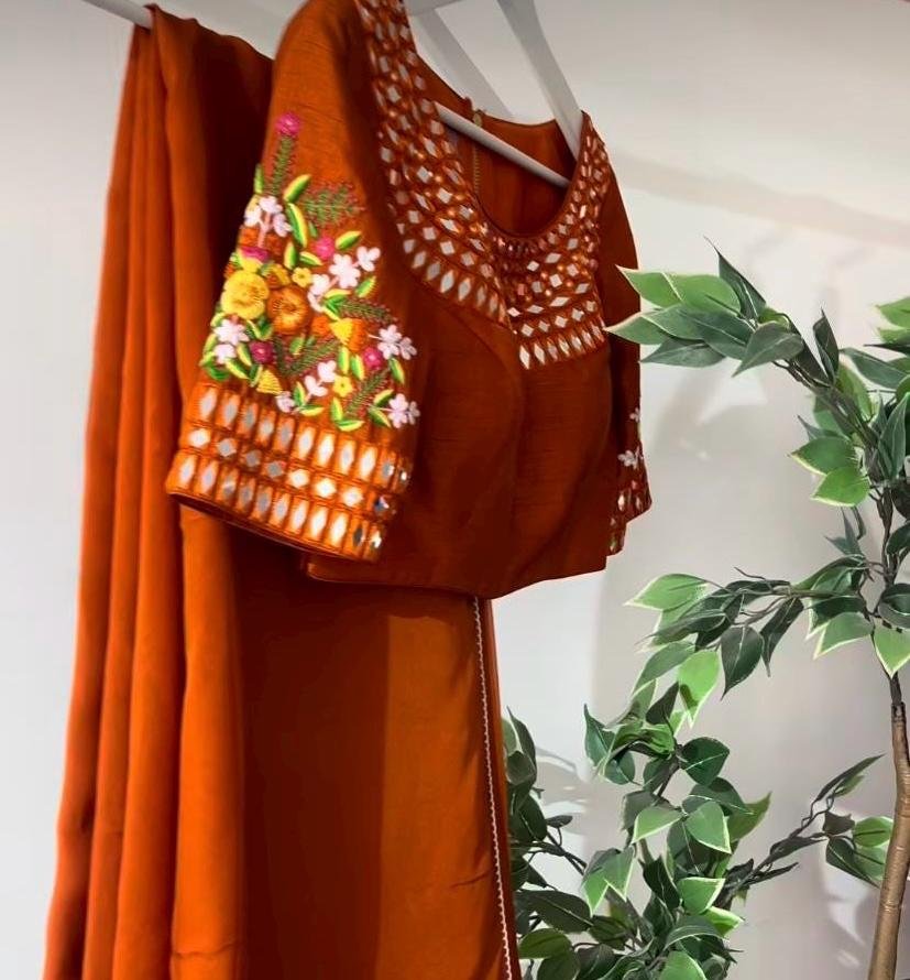 Orange Floral Organza Silk Saree: Embroidered Blouse, USA