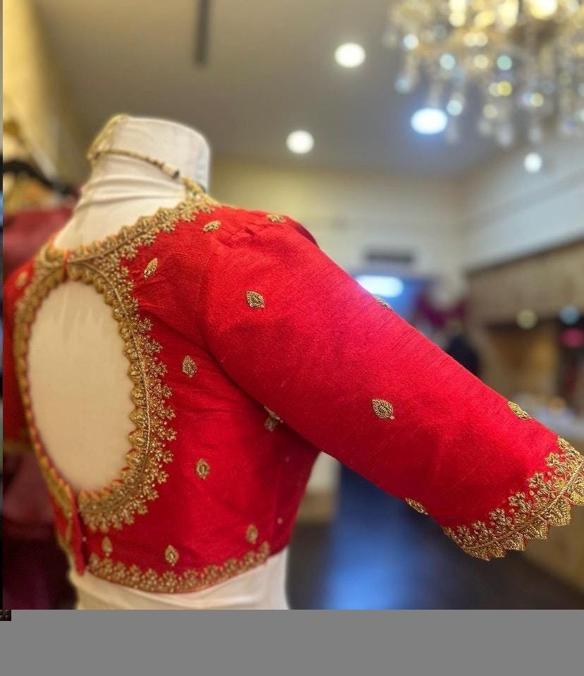 pure silk red hand embroidery blouse /saree maggam blouse/raw silk zardosi blouse /red hand embroidered blouse/ready made blouse zardosi