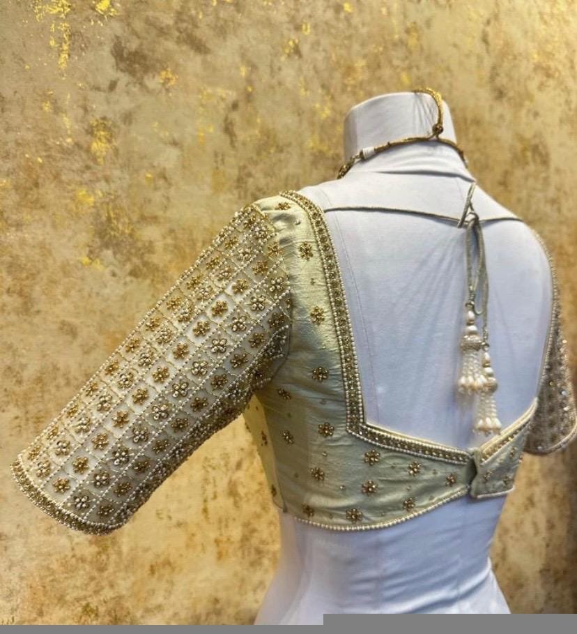 pure silk hand embroidery blouse/cream saree maggam blouse/raw silk zardosi blouse/hand embroidered blouse/beige ready made blouse zardosi