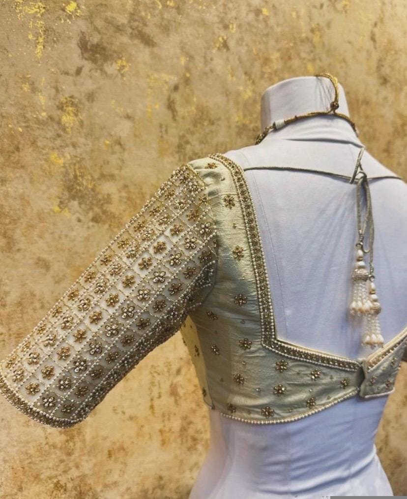 pure silk hand embroidery blouse/cream saree maggam blouse/raw silk zardosi blouse/hand embroidered blouse/beige ready made blouse zardosi