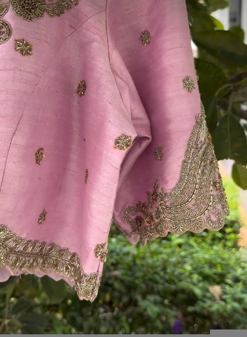 pure silk hand embroidery blouse/light pink maggam blouse/pink hand embroidered blouse/blushpink ready made blouse zardosi/light pink blouse