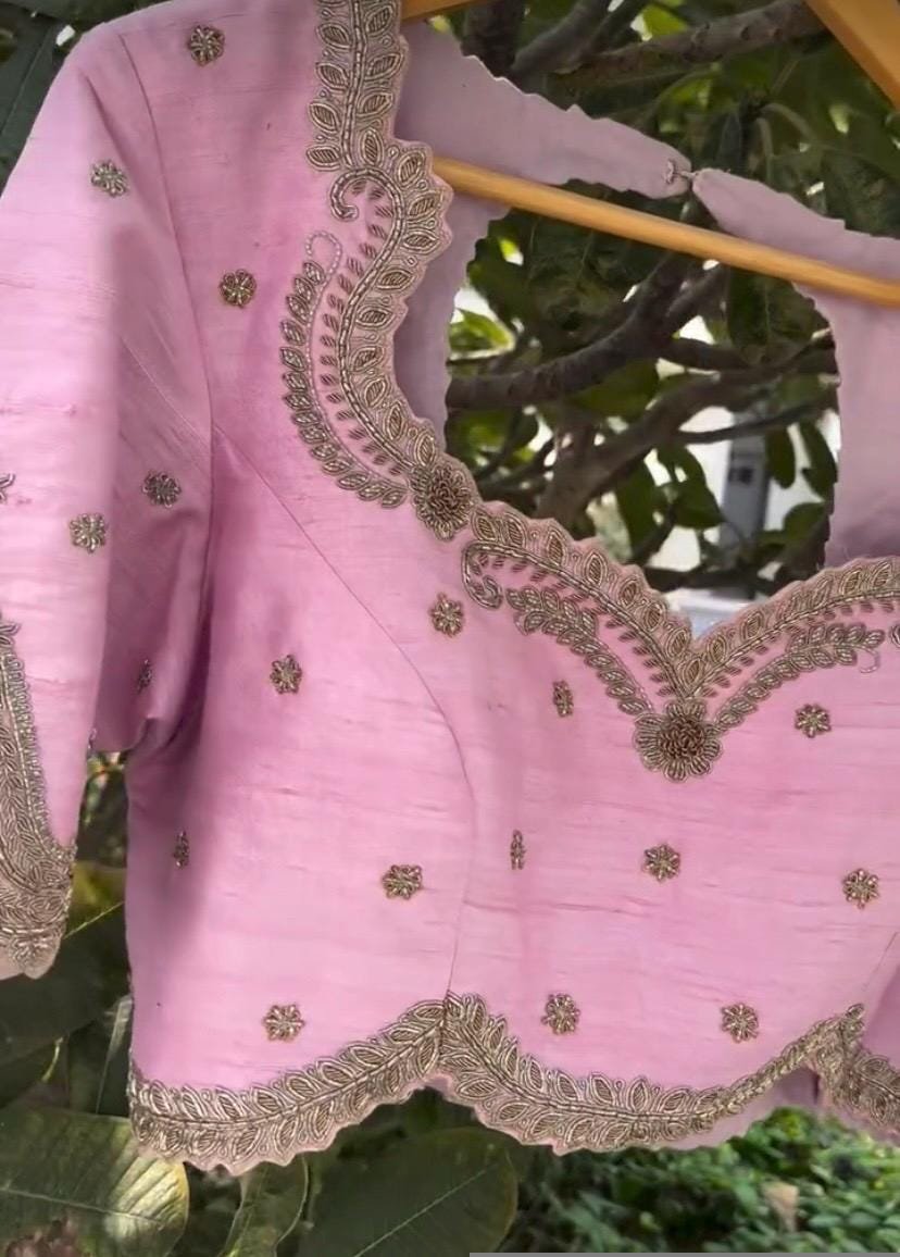 pure silk hand embroidery blouse/light pink maggam blouse/pink hand embroidered blouse/blushpink ready made blouse zardosi/light pink blouse