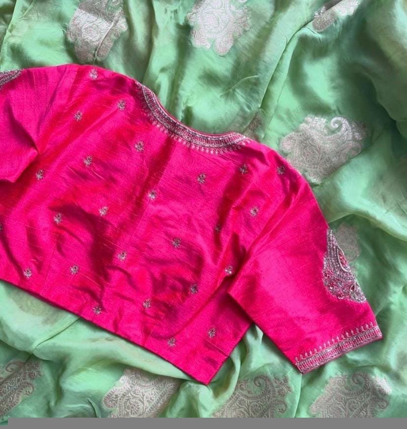 pure silk hand embroidery blouse/reddish pink maggam blouse /raw silk zardosi blouse/hand embroidered blouse /red ready made blouse zardosi