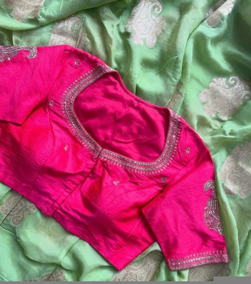 pure silk hand embroidery blouse/reddish pink maggam blouse /raw silk zardosi blouse/hand embroidered blouse /red ready made blouse zardosi