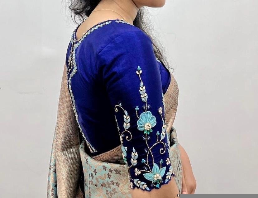 pure silk hand embroidery blouse /royal blue saree blouse/navy blue silk zardosi blouse/hand embroidered blouse/ready made blouse zardosi us