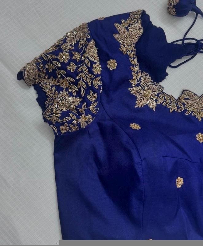 pure silk hand embroidery blouse/bluesaree maggam blouse/zardosi blouse usa/hand embroidered blouse/royal blue ready made blouse zardosi usa
