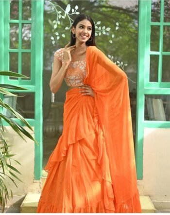 Ruffle saree with blouse/orange ruffle saree with stitched blouse/saree belt with blouse/silk ruffle saree/modern saree/orange ruffle saree