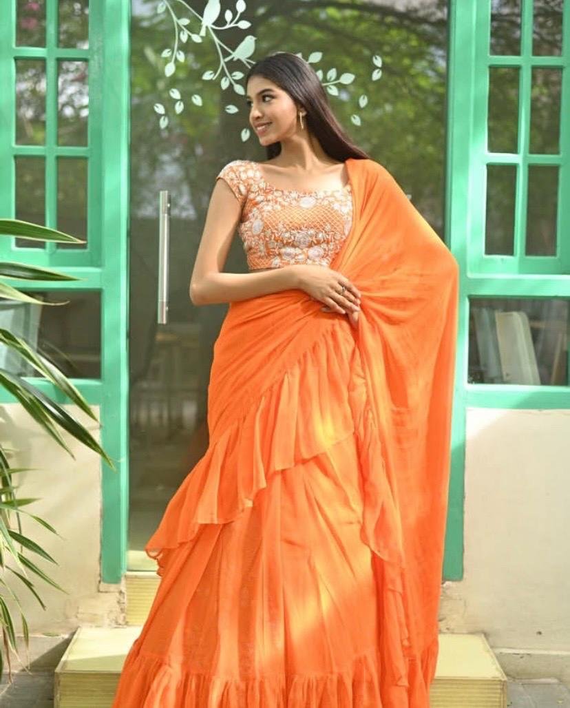 Ruffle saree with blouse/orange ruffle saree with stitched blouse/saree belt with blouse/silk ruffle saree/modern saree/orange ruffle saree