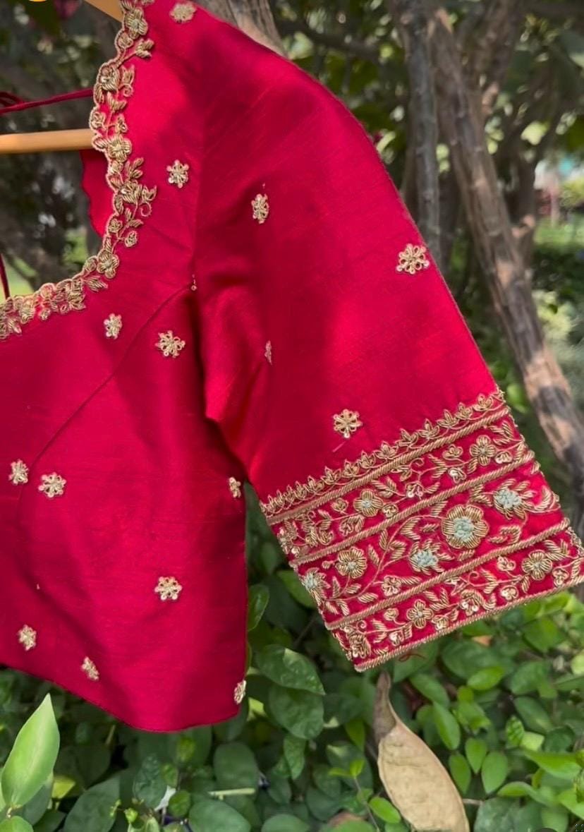 pure silk red hand embroidery blouse/saree maggam blouse/raw silk zardosi blouse/pure red hand embroidered blouse/ready made red blouse usa
