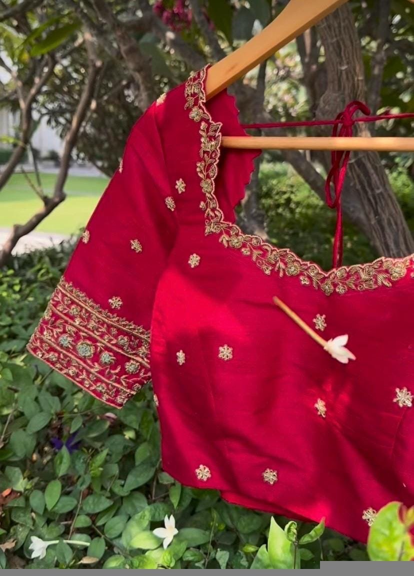 pure silk red hand embroidery blouse/saree maggam blouse/raw silk zardosi blouse/pure red hand embroidered blouse/ready made red blouse usa