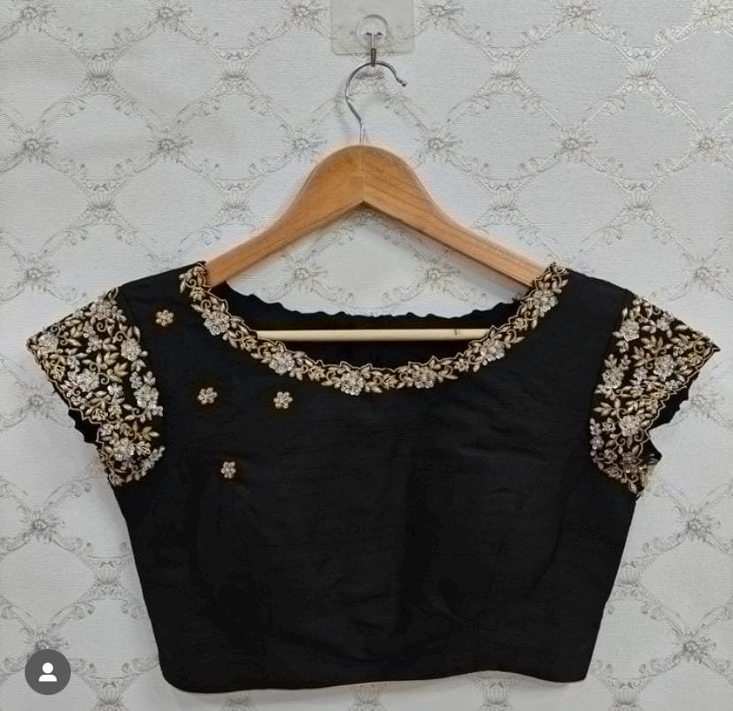 pure silk hand embroidery blouse/black saree maggam blouse/short sleeve blouse/hand embroidered blouse/black ready made short sleeve blouse