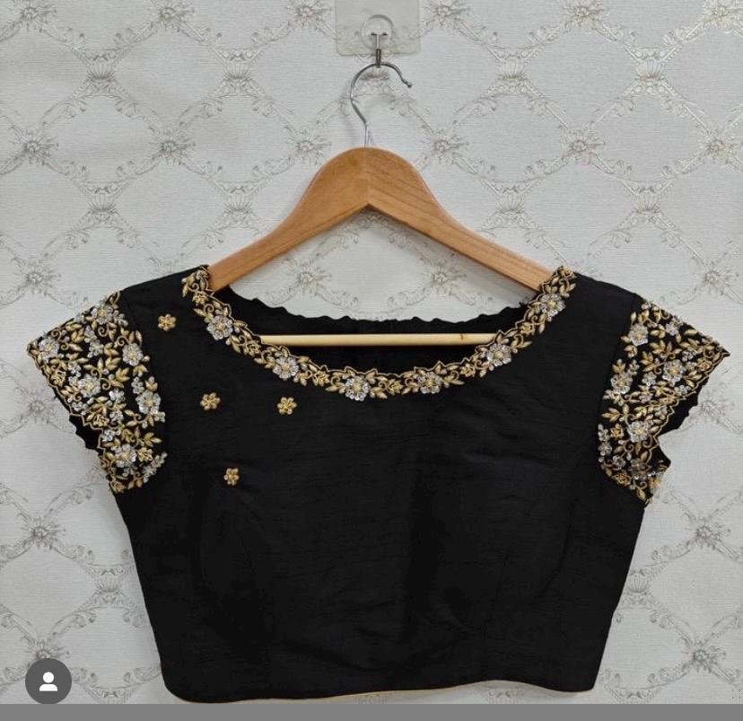 pure silk hand embroidery blouse/black saree maggam blouse/short sleeve blouse/hand embroidered blouse/black ready made short sleeve blouse