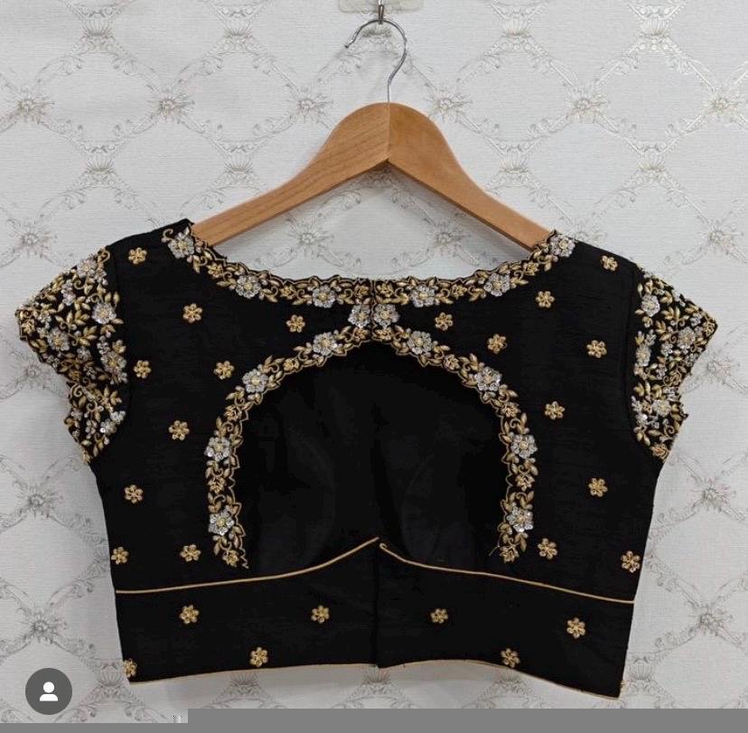 pure silk hand embroidery blouse/black saree maggam blouse/short sleeve blouse/hand embroidered blouse/black ready made short sleeve blouse