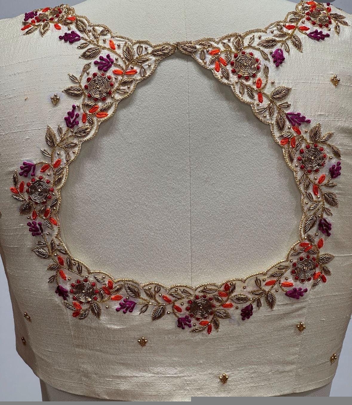 Hand Embroidered Zardosi Silk Blouse: Cream Maggam Work, Elbow Sleeves