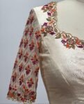 Hand Embroidered Zardosi Silk Blouse: Cream Maggam Work, Elbow Sleeves