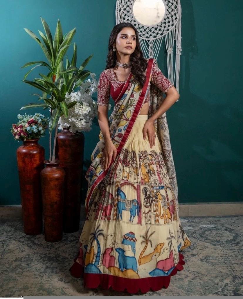 Women’s pure kalamkari lehenga set/crop top lehenga/Hand painted lehenga USA/wedding lehenga USA/kalamkarilehenga choli/heavy maggam blouse