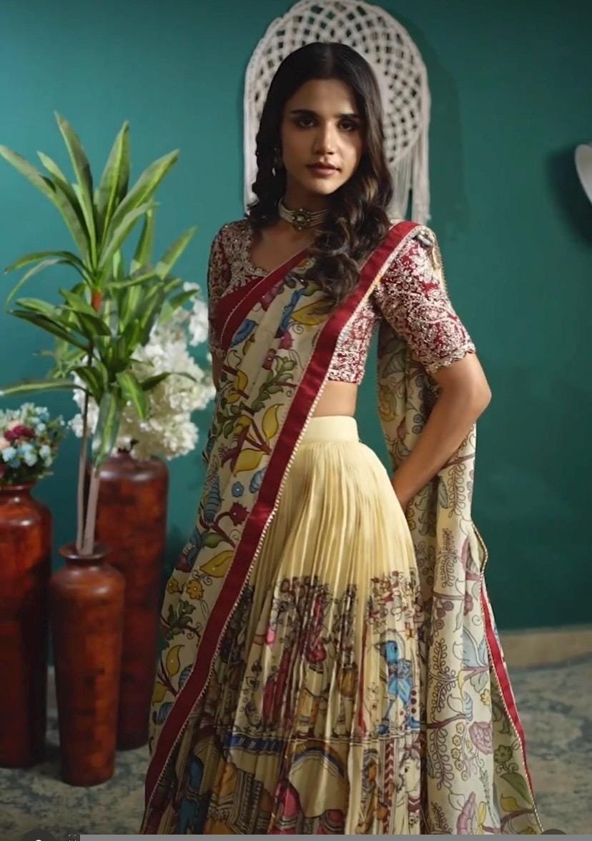 Women’s pure kalamkari lehenga set/crop top lehenga/Hand painted lehenga USA/wedding lehenga USA/kalamkarilehenga choli/heavy maggam blouse