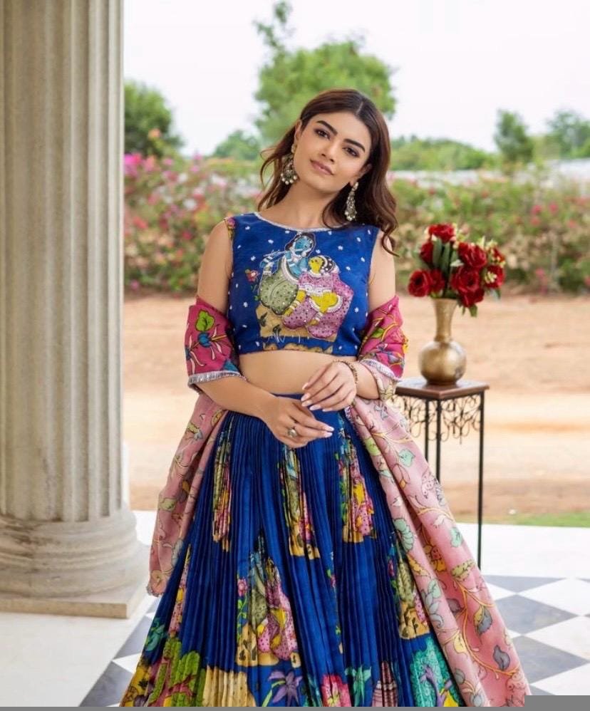 Women’s pure kalamkari lehenga set/crop top lehenga/Hand painted lehenga USA/wedding lehenga USA/kalamkari lehenga choli/blue lehenga choli