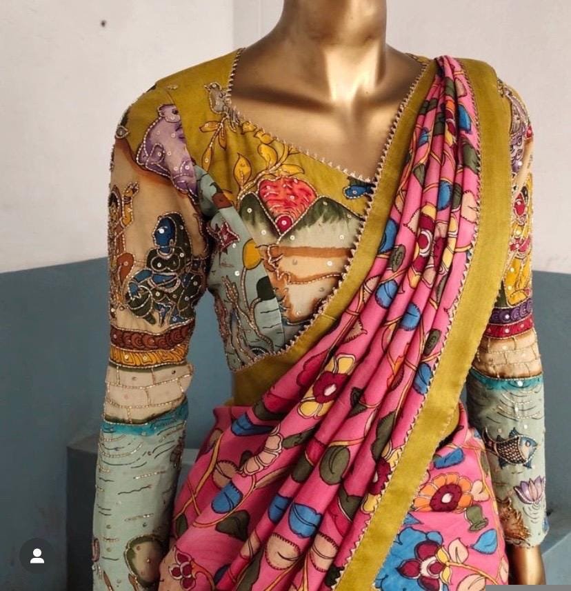 Women’s pure kalamkari lehenga set/crop top lehenga/Hand painted lehenga USA/wedding lehenga USA/yellow kalamkari painted lehenga choli usa