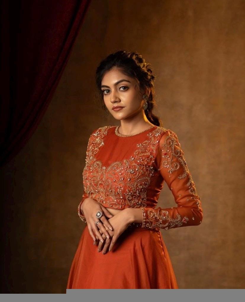 Orange Lehenga set/full sleeve draped gown/orange wedding lehenga gown/organza hand embroidered blouse/orange skirt/wedding party dress usa
