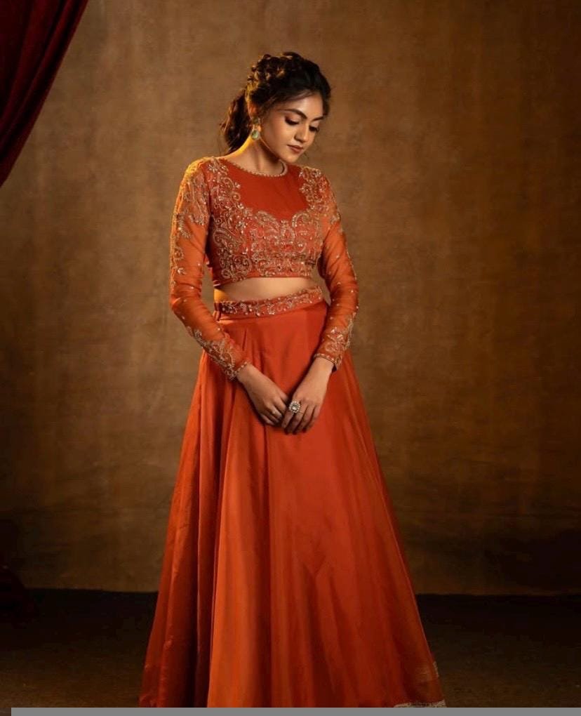 Orange Lehenga set/full sleeve draped gown/orange wedding lehenga gown/organza hand embroidered blouse/orange skirt/wedding party dress usa