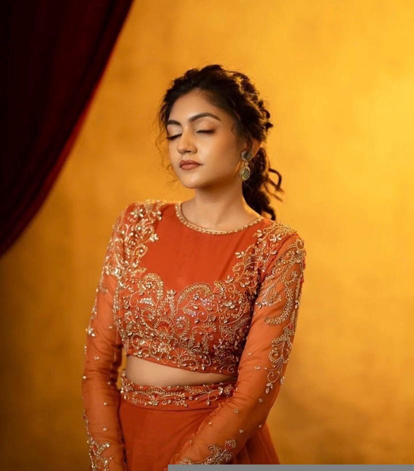 Orange Lehenga set/full sleeve draped gown/orange wedding lehenga gown/organza hand embroidered blouse/orange skirt/wedding party dress usa