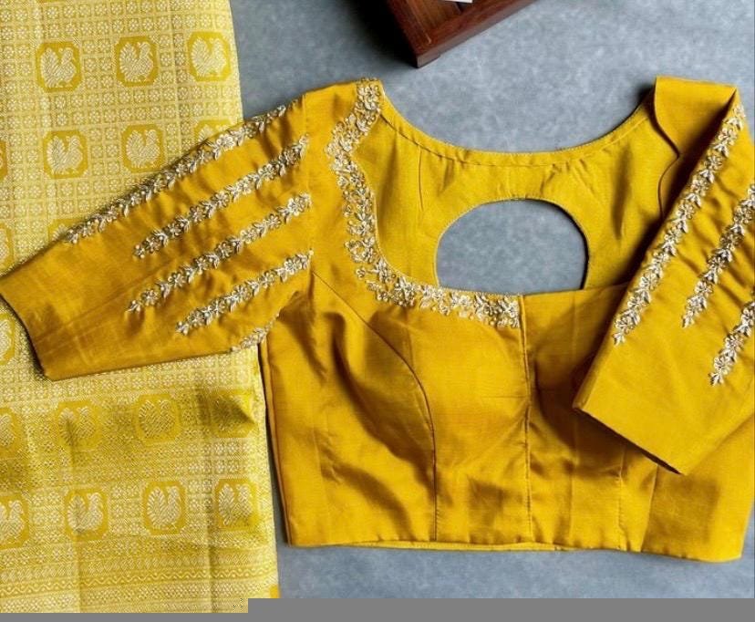 pure silk hand embroidery blouse/saree maggam blouse/yellow zardosi blouse/hand embroidered blouse/mustard yellow ready made blouse zardosi