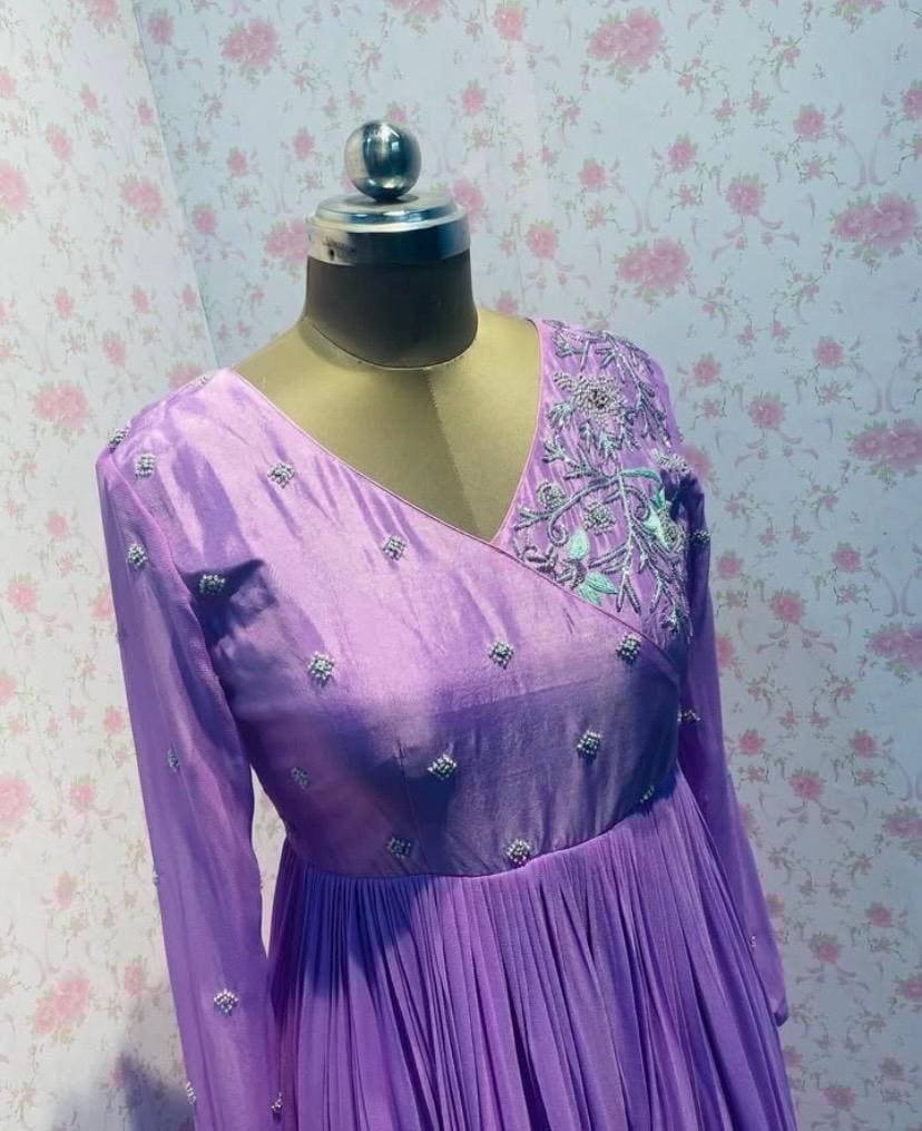 Hand embroidered Anarkali/muave anarkali dress/lavender anarkali suit set/yellow long gown USA/Indian dresses/pure silk haldi anarkali kurta