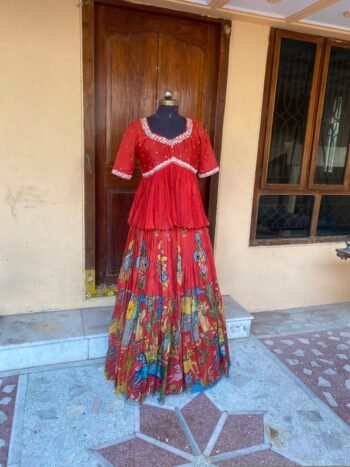 Women’s pure kalamkari lehenga set/crop top lehenga/Hand painted lehenga USA/wedding lehenga USA/kalamkari lehenga choli/red and bluelehenga