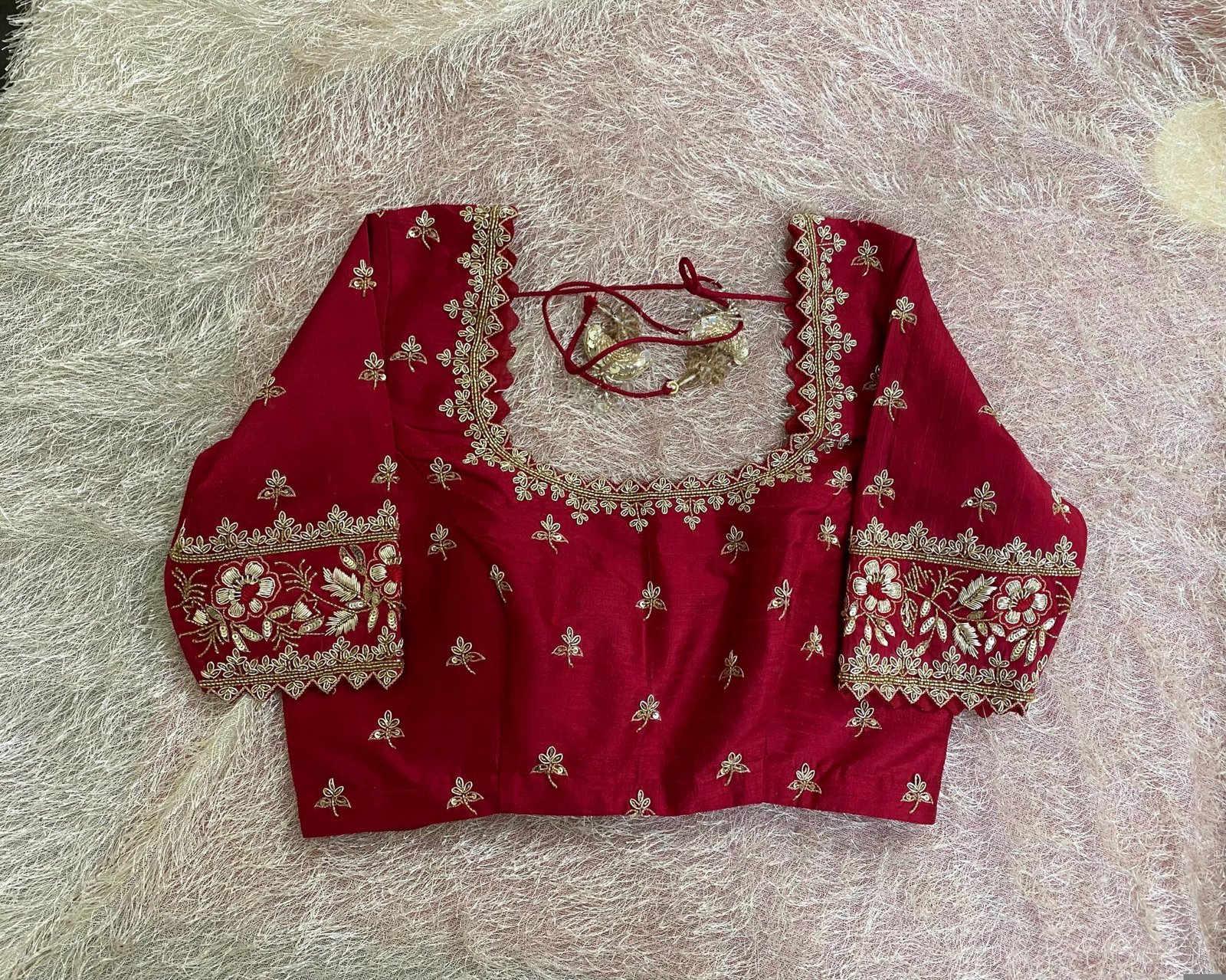 Hand Embroidered Pure Silk Blouse: Red Zardosi Maggam Saree Blouse