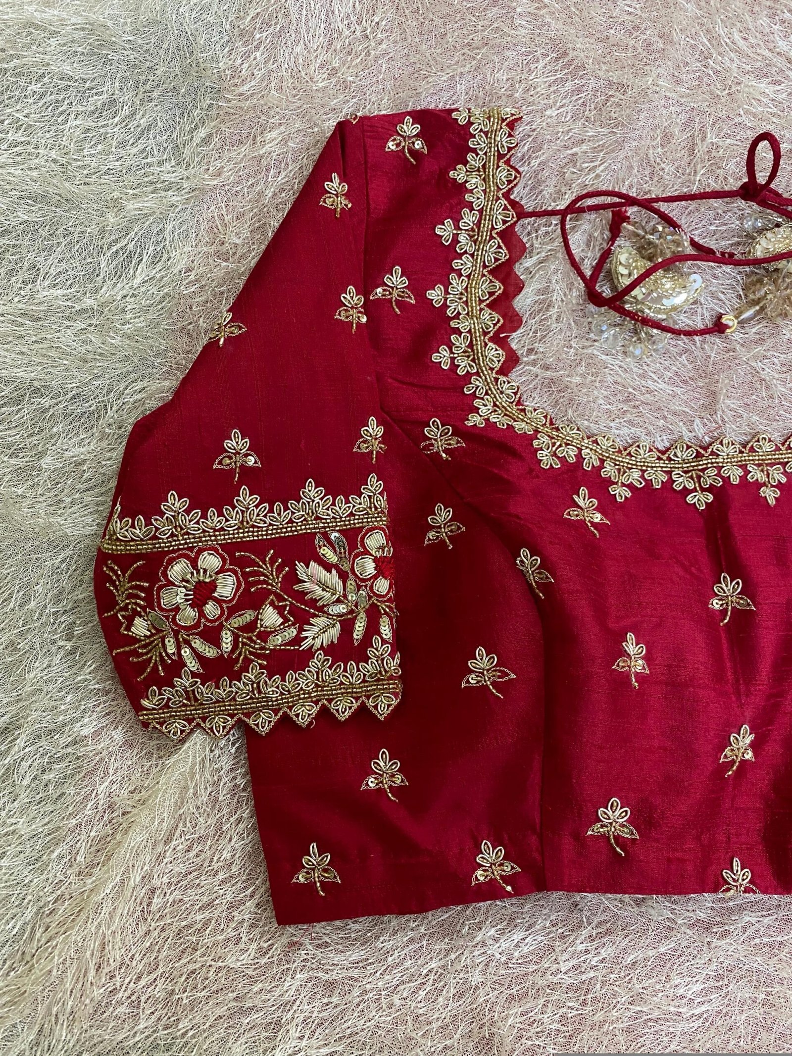 Hand Embroidered Pure Silk Blouse: Red Zardosi Maggam Saree Blouse