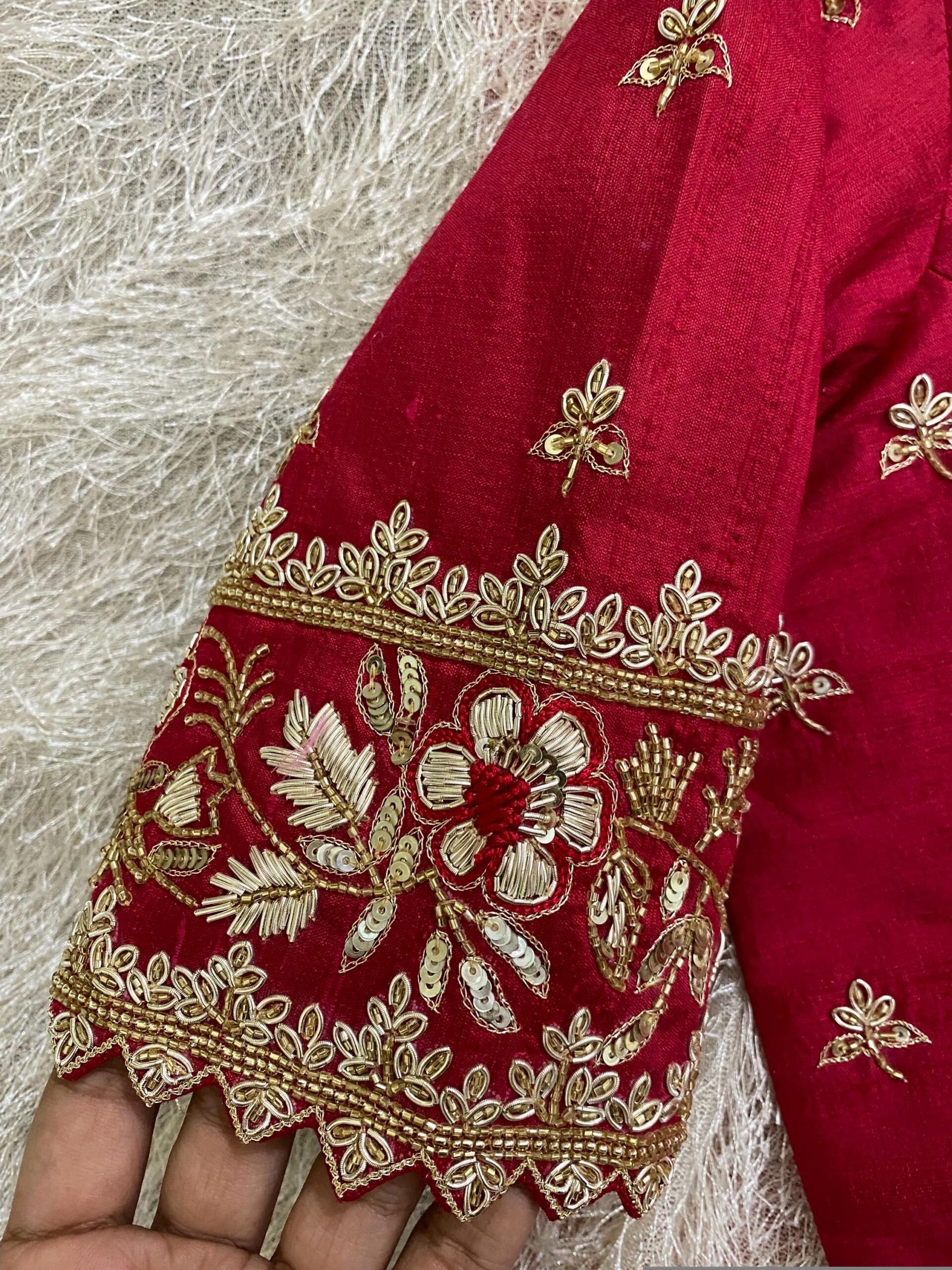 Hand Embroidered Pure Silk Blouse: Red Zardosi Maggam Saree Blouse