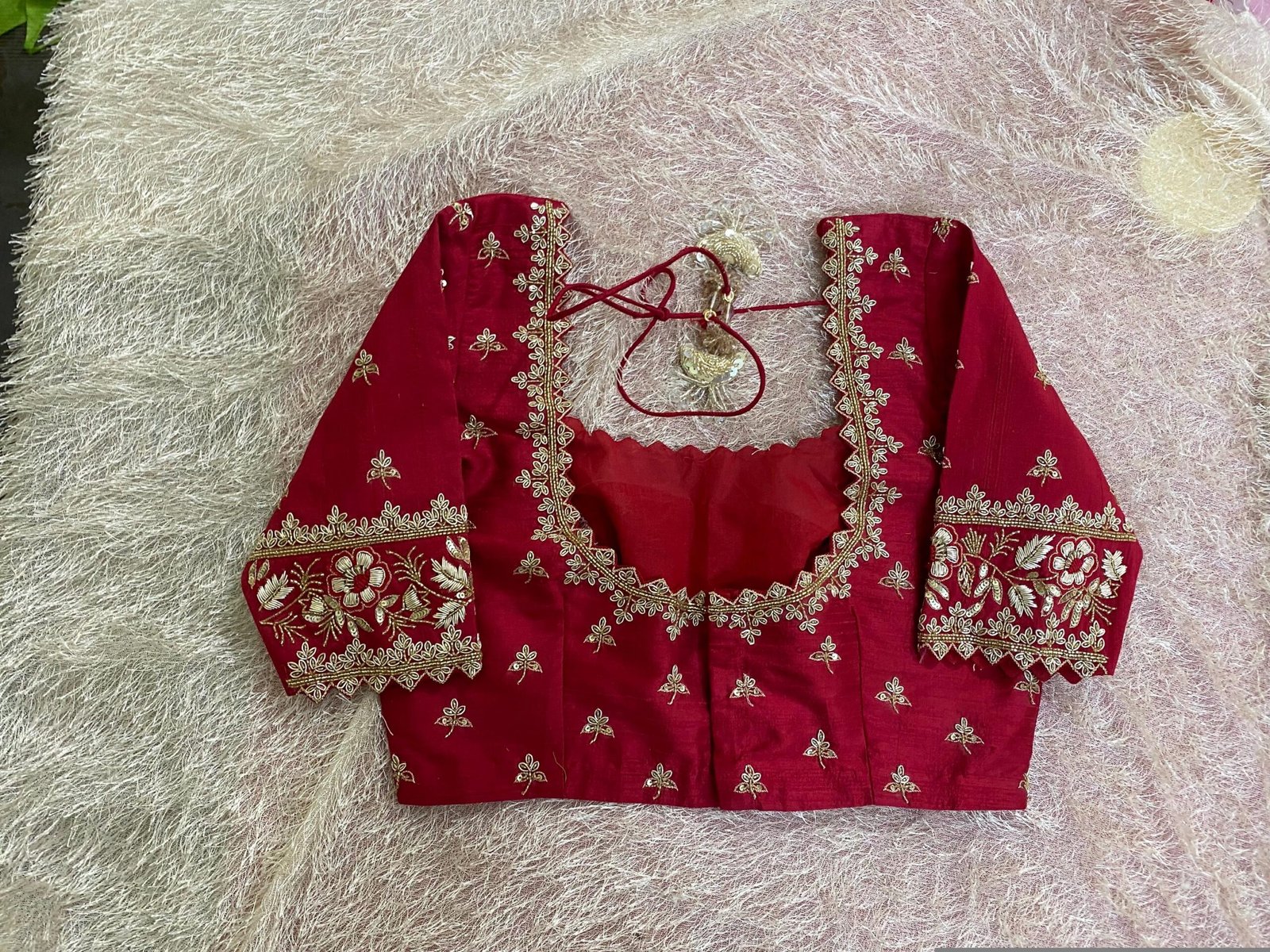 Hand Embroidered Pure Silk Blouse: Red Zardosi Maggam Saree Blouse