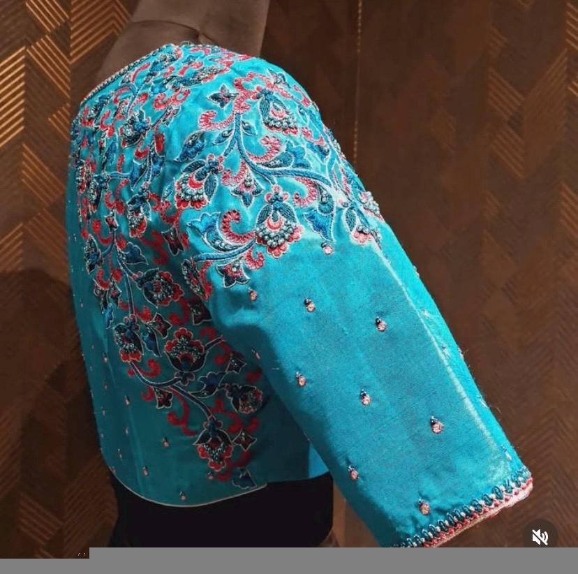 pure silk hand embroidery blouse/blue maggam blouse /raw silk zardosi blouse/blue hand embroidered blouse/designer readymade handwork blouse