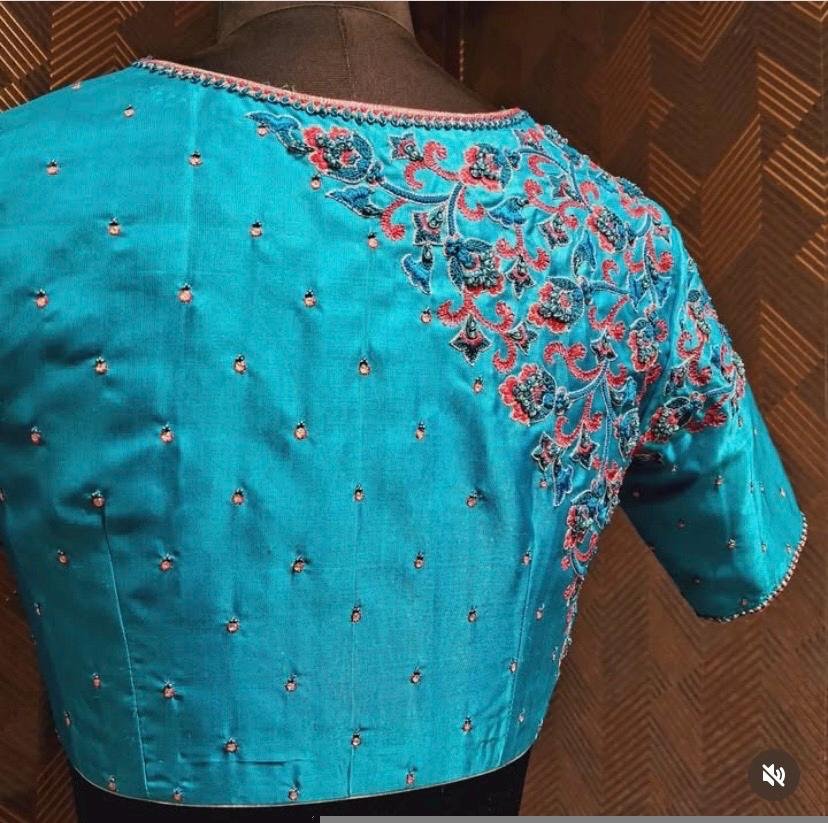 pure silk hand embroidery blouse/blue maggam blouse /raw silk zardosi blouse/blue hand embroidered blouse/designer readymade handwork blouse