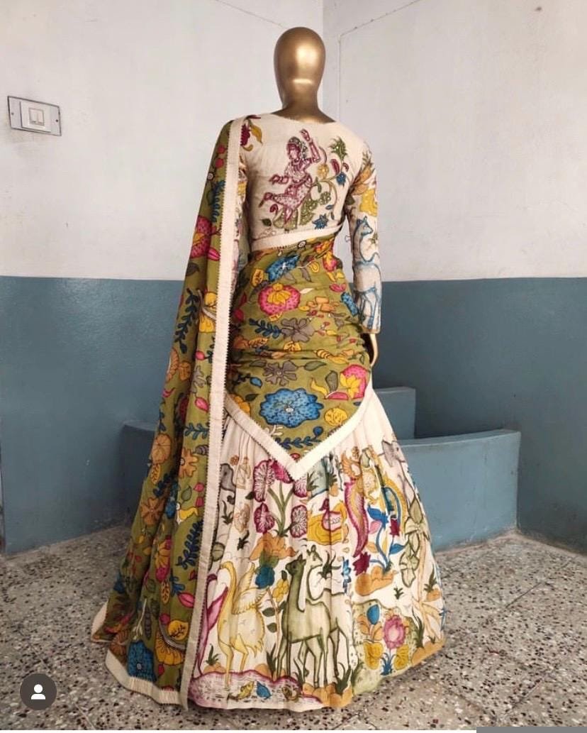 Women’s pure kalamkari lehenga set/crop top lehenga/Hand painted lehenga USA/wedding lehenga USA/green kalamkari painted lehenga choli usa