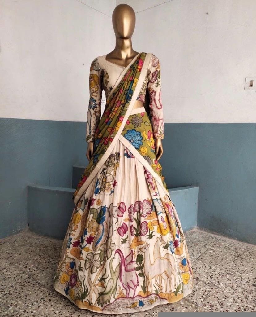 Women’s pure kalamkari lehenga set/crop top lehenga/Hand painted lehenga USA/wedding lehenga USA/green kalamkari painted lehenga choli usa