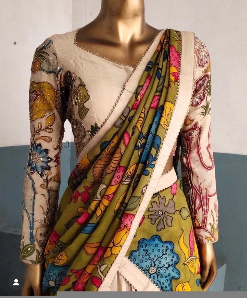 Women’s pure kalamkari lehenga set/crop top lehenga/Hand painted lehenga USA/wedding lehenga USA/green kalamkari painted lehenga choli usa