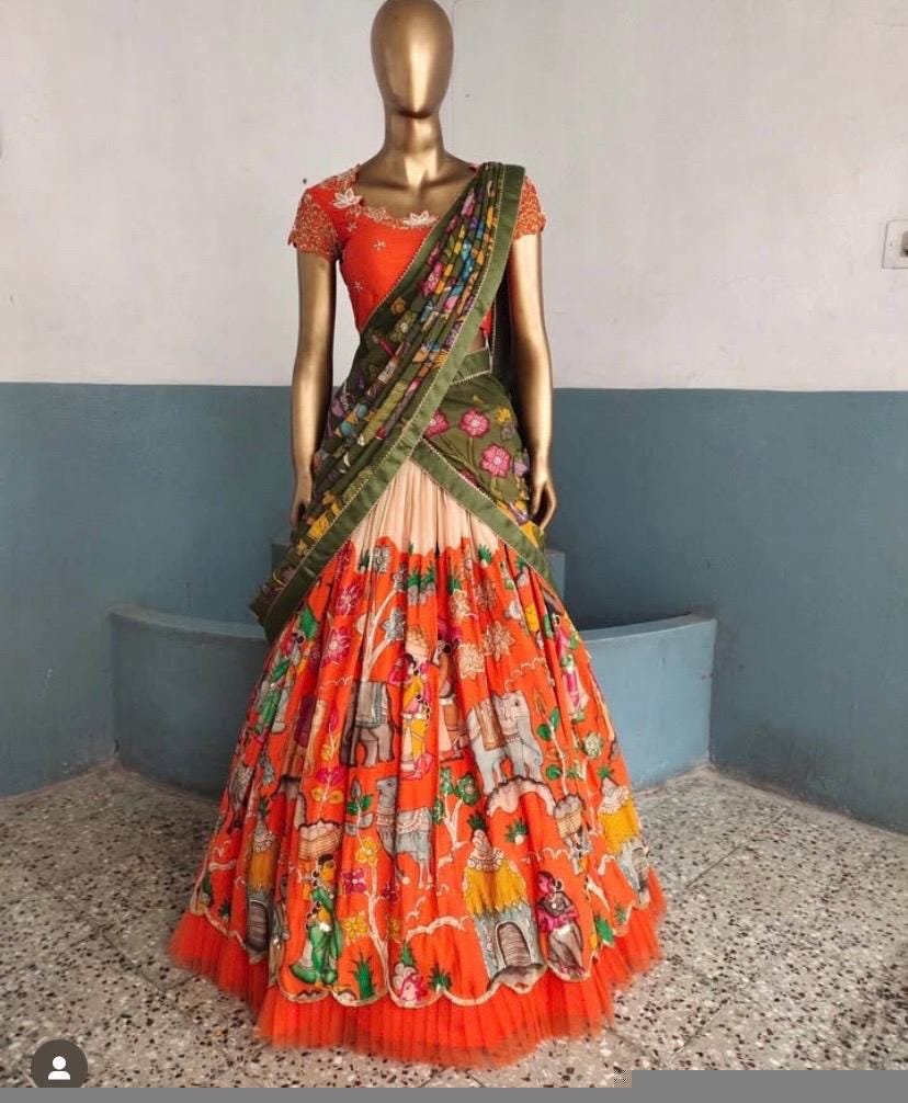 Women’s pure kalamkari lehenga set/crop top lehenga/Hand painted lehenga USA/orange wedding lehenga USA/orange hand painted kalamkari leheng