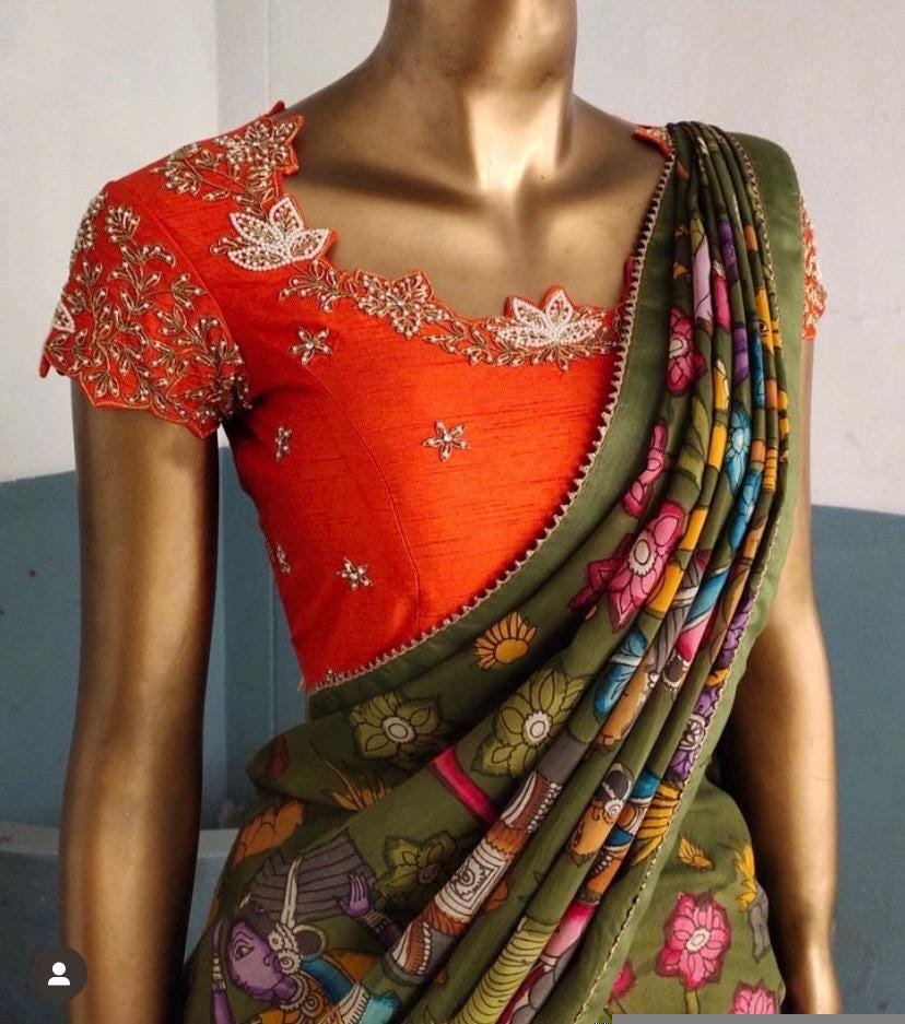 Women’s pure kalamkari lehenga set/crop top lehenga/Hand painted lehenga USA/orange wedding lehenga USA/orange hand painted kalamkari leheng