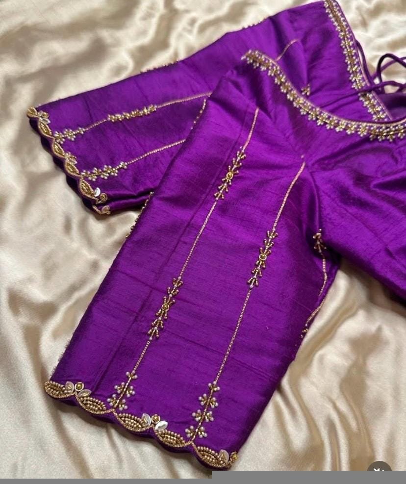 Purple hand embroidery blouse/saree maggam work blouse/purple saree blouse/purple hand embroidered blouse/ready made blouse zardosi/voggish