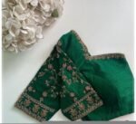Hand Embroidered Zardosi Blouse: Green Raw Silk Maggam Blouse