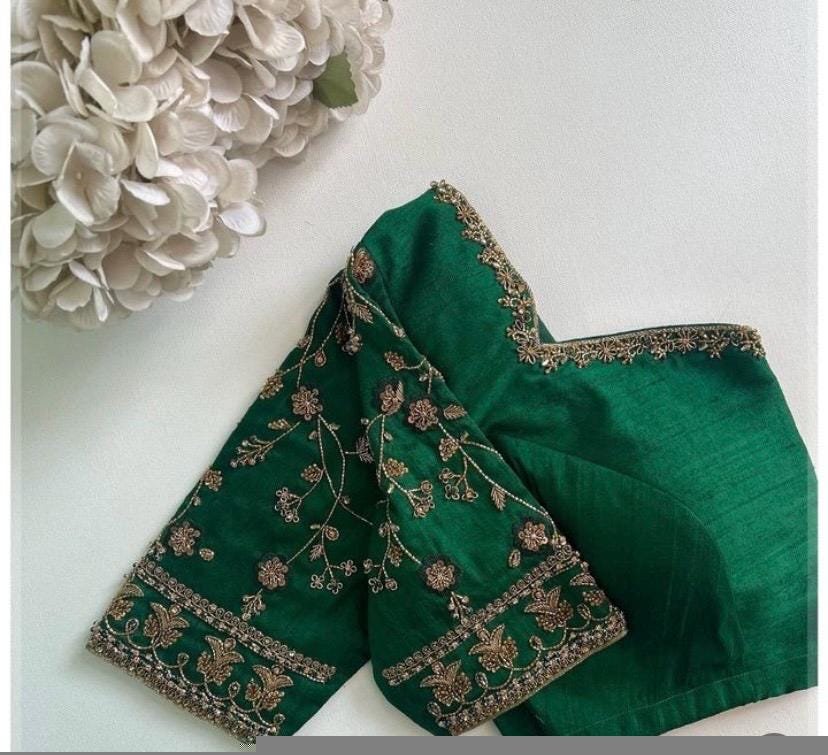 Hand Embroidered Zardosi Blouse: Green Raw Silk Maggam Blouse