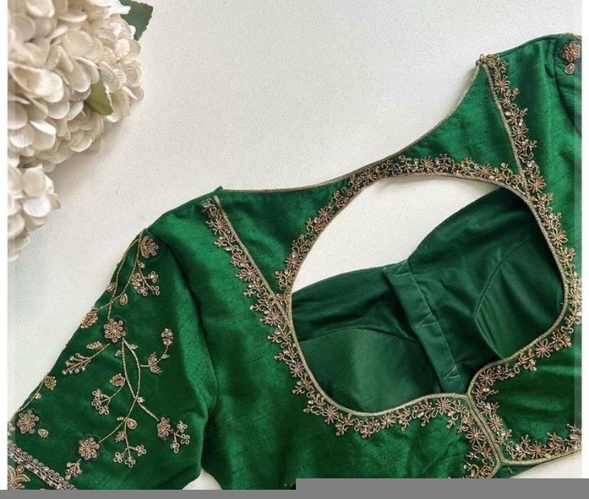 Hand Embroidered Zardosi Blouse: Green Raw Silk Maggam Blouse